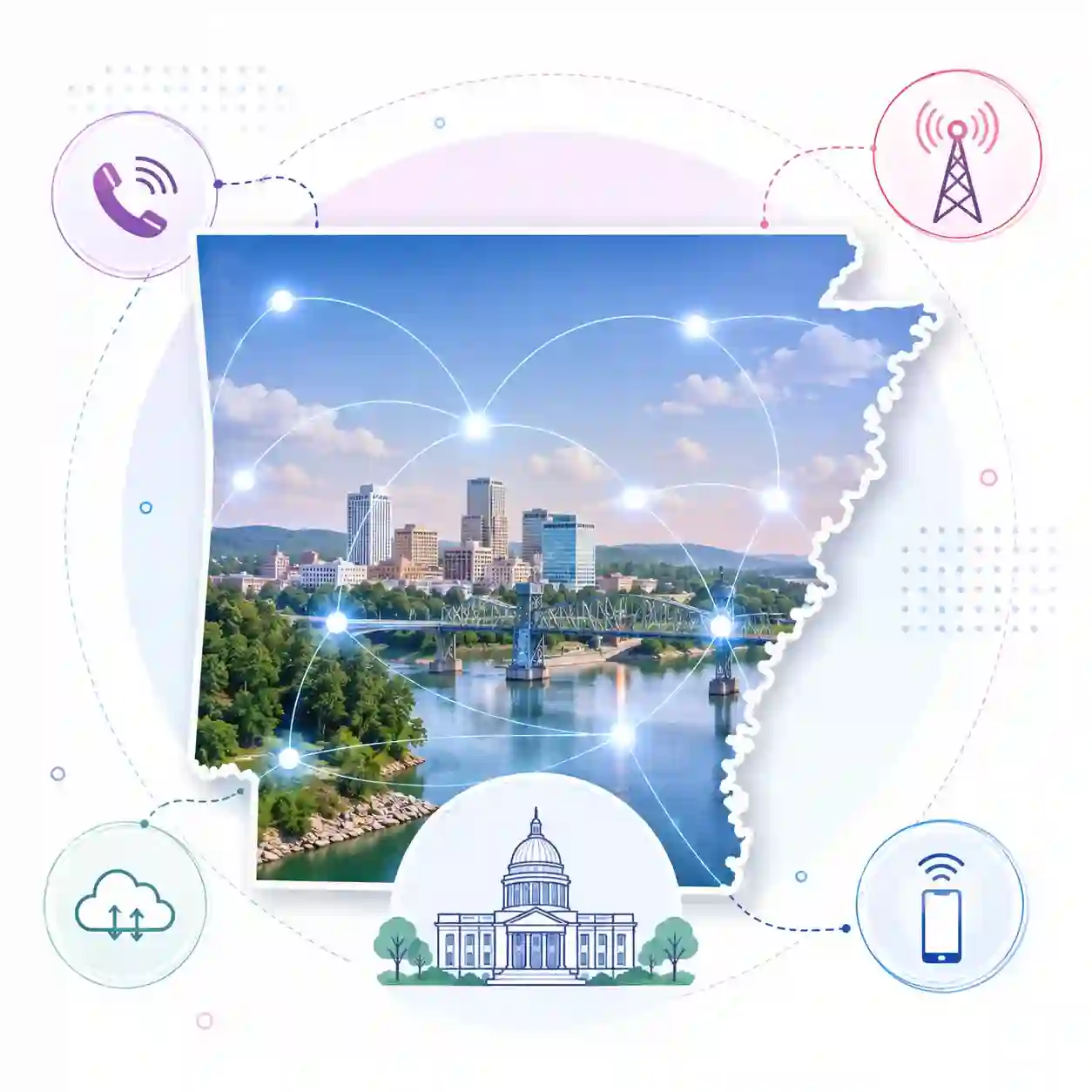 Arkansas state map with icons for mobile, office, remote team and call center connected to a central phone pin